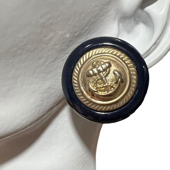 Vintage Nautical Anchor Statement Earrings, Gold and Navy Round Post Earrings - Picture 10 of 13